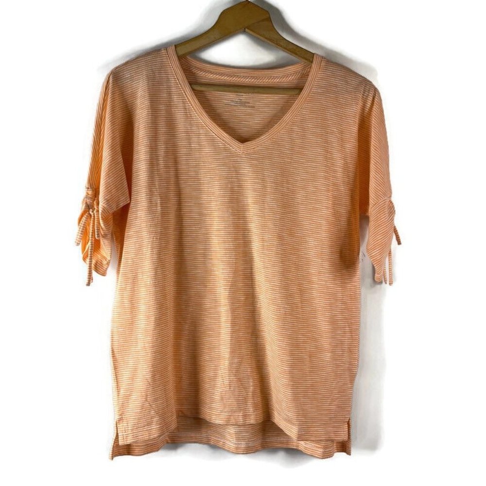 Talbots Womens Tee T-Shirt Top Size Medium Petite Orange Striped Ruched Sleeves